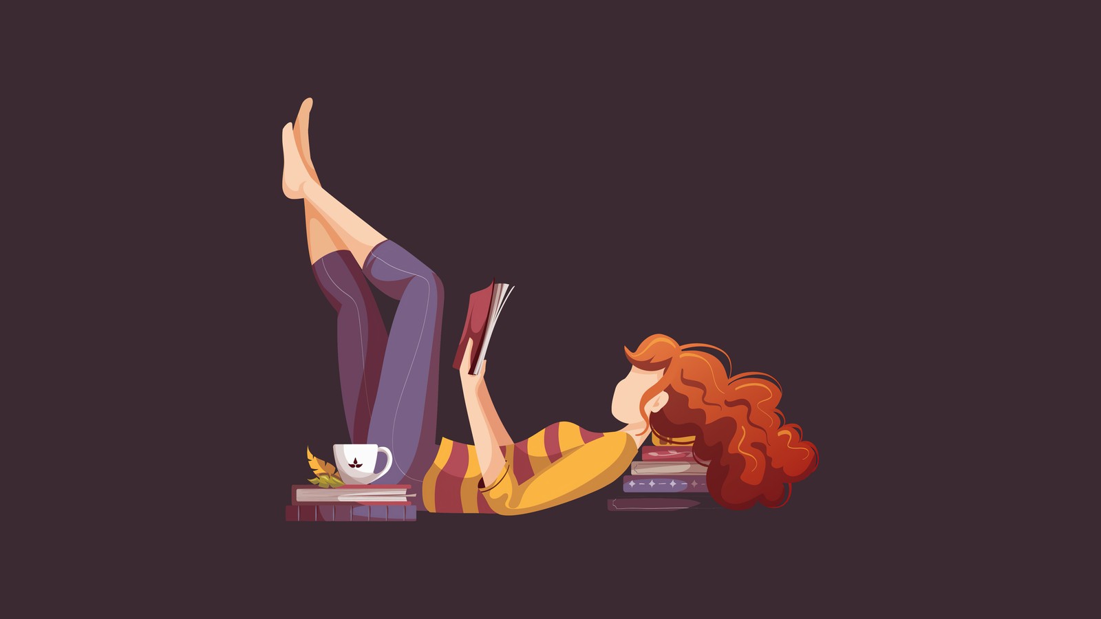 Une femme allongée sur le ventre en train de lire un livre et de boire du café (jeune fille, lecture de livre, illustration, relaxant, arrière plan sombre)