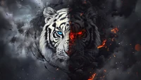 Majestic White Tiger with Fiery Eyes Surrounded by Dark Clouds