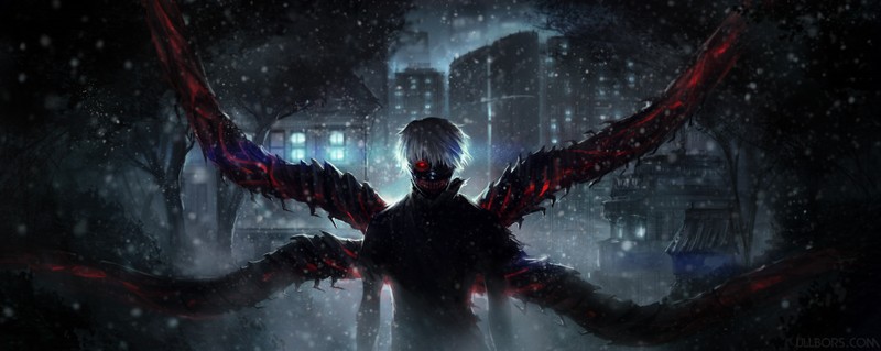 Человек с крыльями под дождем в темном городе (токийский гуль, tokyo ghoul, аниме, anime, тьма)