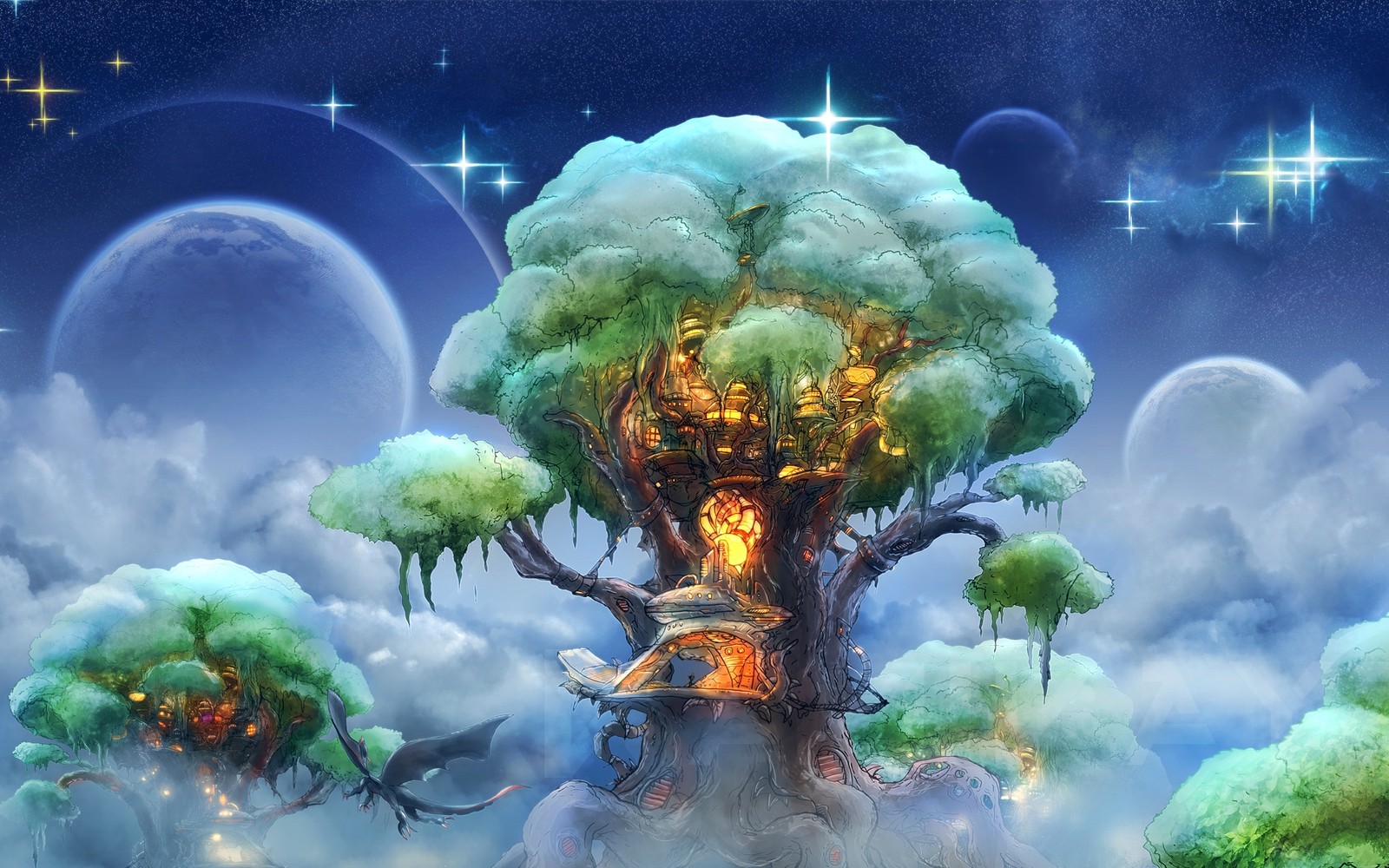 A close up of a tree with a sky background and a sky background (tree house, tree, nature, world, mythology)