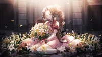 Aerith Gainsborough rodeada de flores en Final Fantasy VII Remake