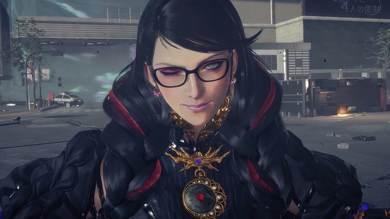 Крупный план женщины в очках и с ожерельем (bayonetta 3, байонетта, bayonetta, видеоигра, подмигивание)