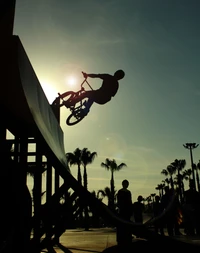 Silhouette d'un rider BMX effectuant un stunt contre un arrière-plan de coucher de soleil vibrant, montrant le frisson des sports extrêmes.