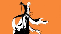 Ichigo Kurosaki em forma Bankai contra um fundo laranja