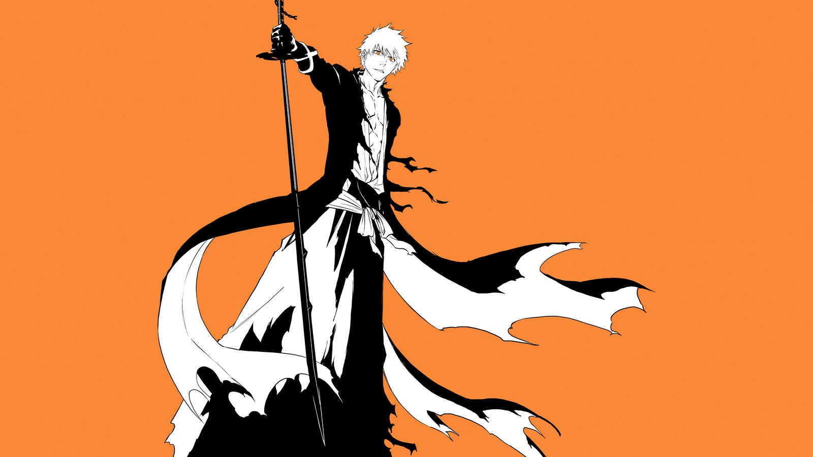 A man in a long black robe holding a sword and a sword (ichigo kurosaki, bankai, bleach, thousand year blood war, fullbring)