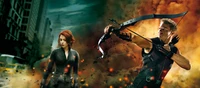 Clint Barton et Black Widow en action au milieu du chaos