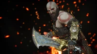 Kratos empunhando as Lâminas do Caos em Deus da Guerra Ragnarök em meio a faíscas de fogo.