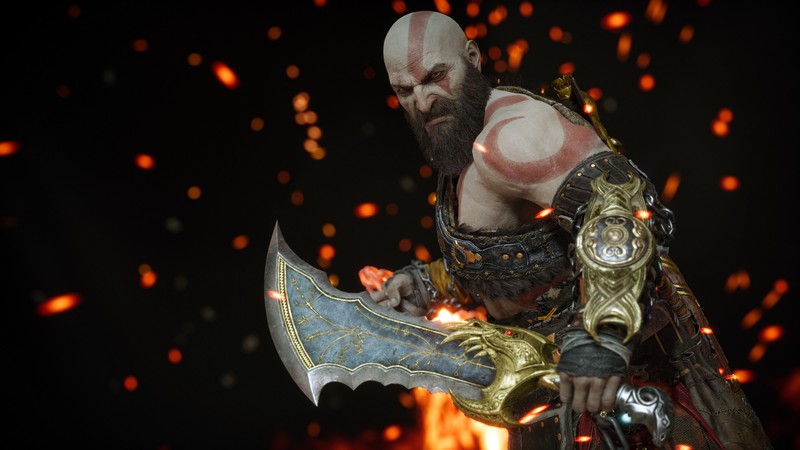 Крупный план человека с мечом перед огнем (лезвия хаоса, доспехи, kratos, god of war ragnarök, игры)