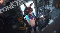 Amiya from Arknights in a vibrant urban setting, holding a smartphone amidst a backdrop of neon lights and merchandise.