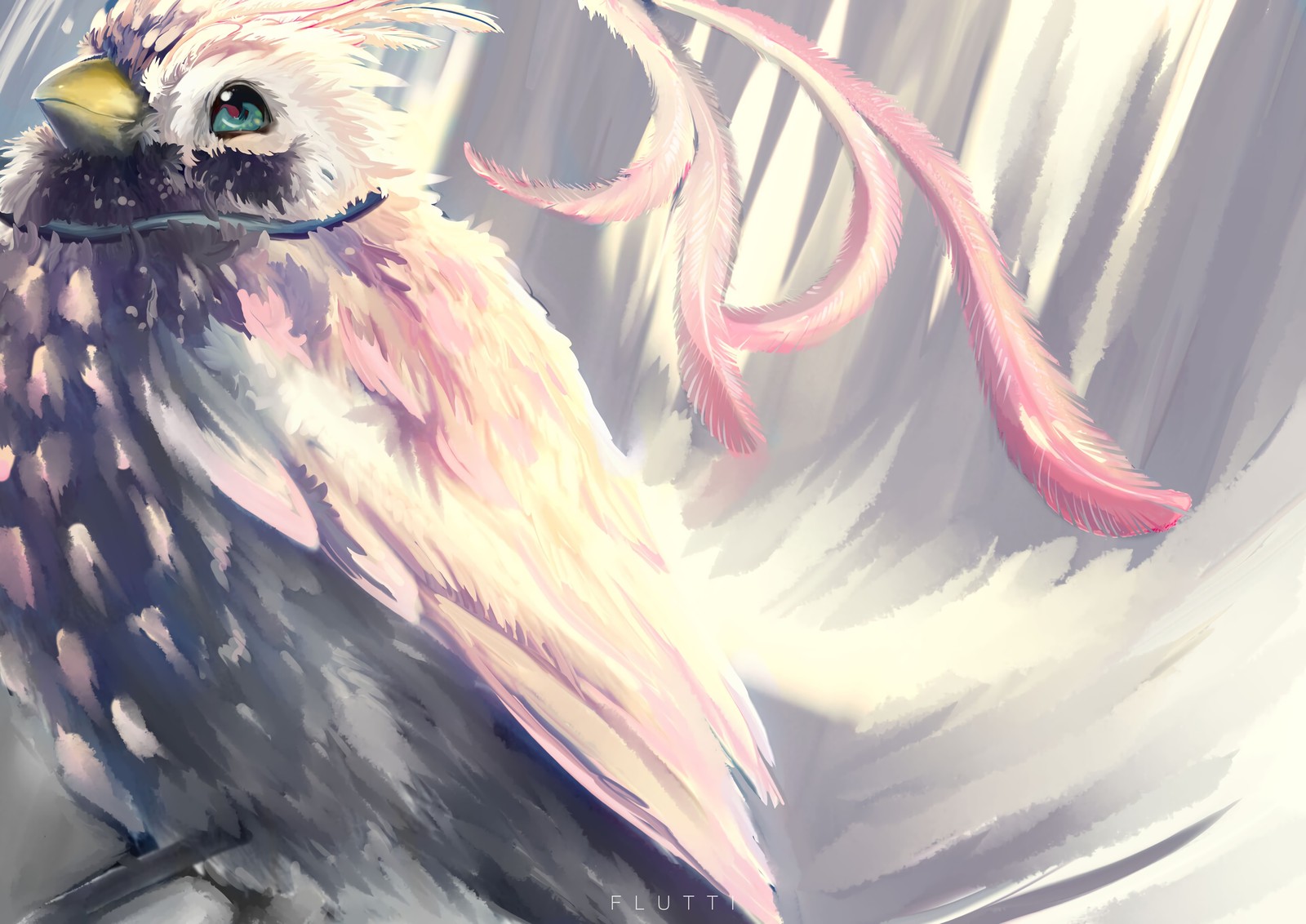 Painting of a bird with a pink ribbon around its neck (bird, wing, illustration, drawing, art)