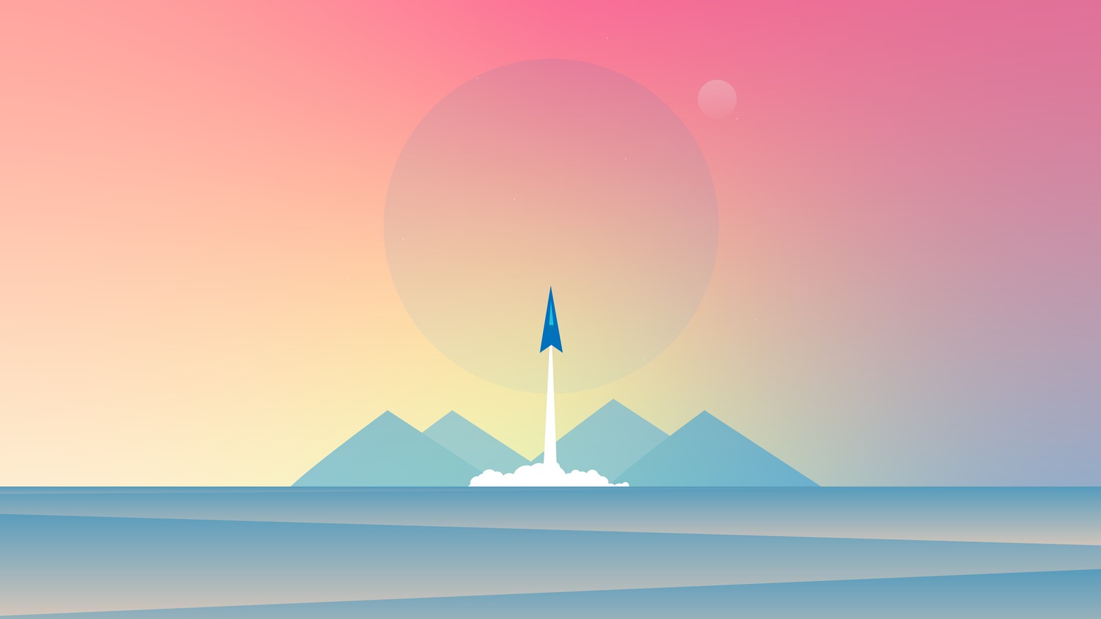 A rocket is flying over a mountain range with a sunset (rocket, atmosphere, landscape, colorfulness, horizon)