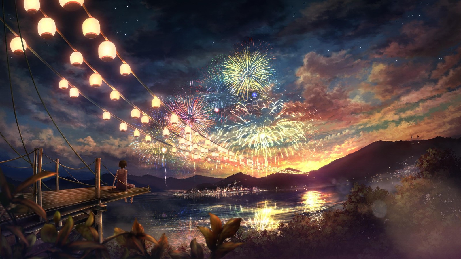 Fireworks over a lake with a bridge and a person on it (anime, theatrical scenery, water, fireworks, cloud)