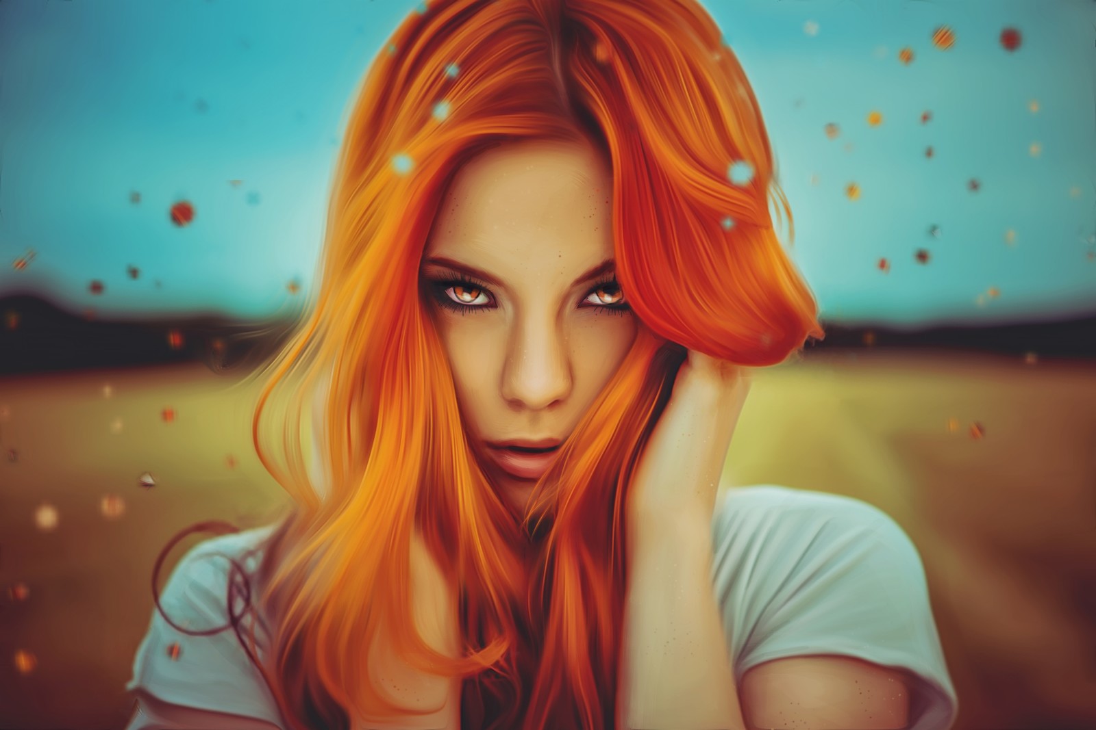 Un gros plan d'une femme aux cheveux orange et à chemise blanche (jeune fille, orange hair, portrait, gens, fond décran 4k)