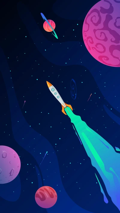 Vibrant Rocket Journey Through a Cosmic Landscape