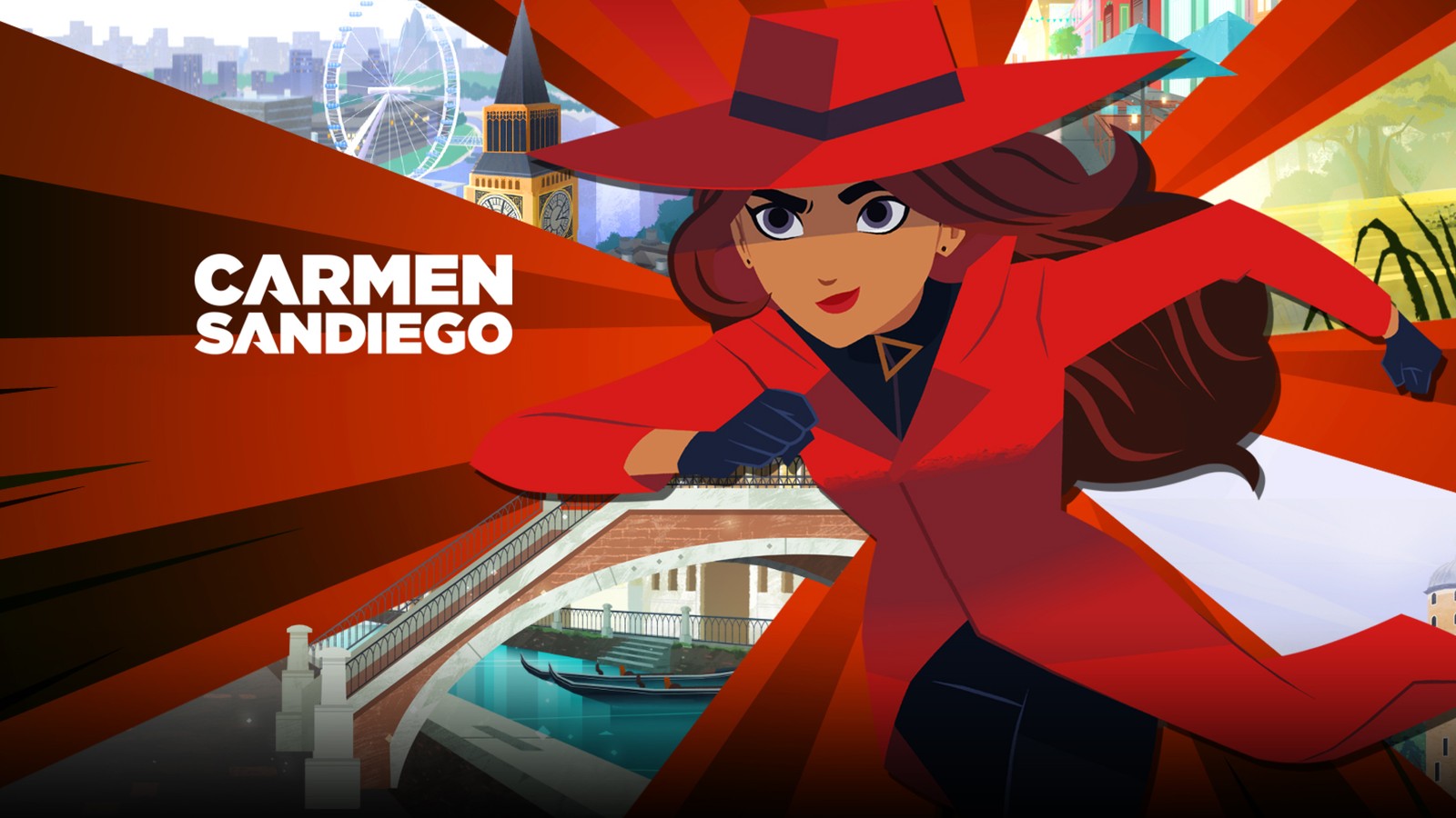 Une femme en chapeau rouge et manteau se tient devant un mur rouge (carmen sandiego, série animée, série netflix, films, fond décran 4k)