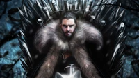 Illustration of a fictional character seated on the Iron Throne, showcasing a blend of regal power and fantasy elements.