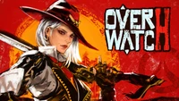 Ashe de Overwatch en una pose llamativa y dinámica contra un fondo rojo audaz, mostrando su estilo y armamento característicos.