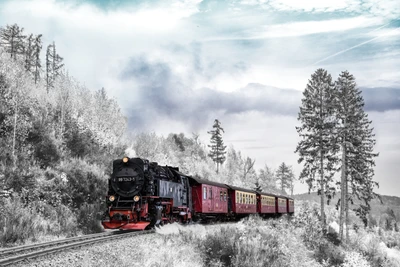 Winter Journey: Vintage Train Navigating Scenic Tracks