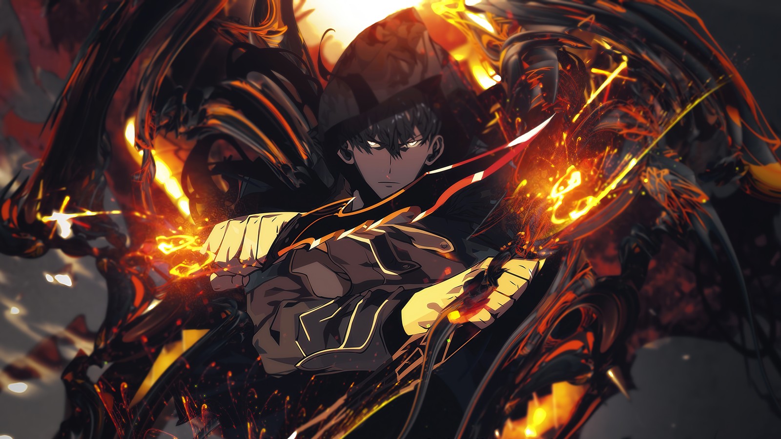 A man in a black outfit holding a sword and fire (sung jinwoo, artwork, solo leveling, anime, 4k wallpaper)