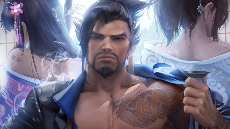 Крупный план мужчины с ножом перед женщиной (ханзо, hanzo, overwatch, видеоигра)