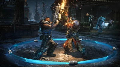 Intense melee combat in Gears 5 amidst a frozen battleground.