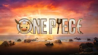 Logotipo de One Piece com Zeff em uma deslumbrante paisagem ao pôr do sol