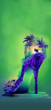 A vibrant, surreal depiction of a high-heeled shoe transformed into a lush island scene, complete with palm trees, a tranquil figure, and electric blue accents against a vivid green background.