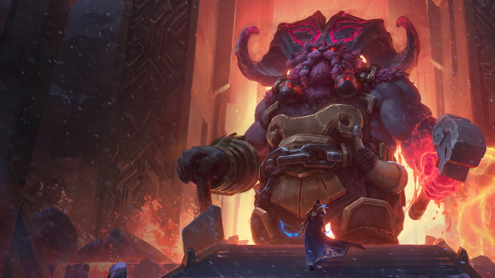 A man standing in front of a giant statue in a dark room (ornn, lor, legends of runeterra, video game, lol)