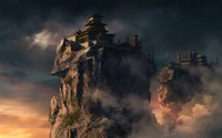 Majestic Temple atop Rocky Peaks Under Dramatic Skies